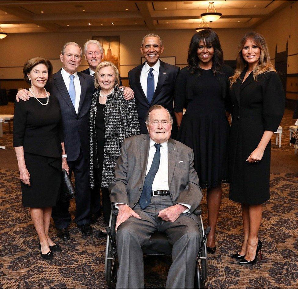 George H W Bush at Barbara Bush's funeral surrounded by former Presidents