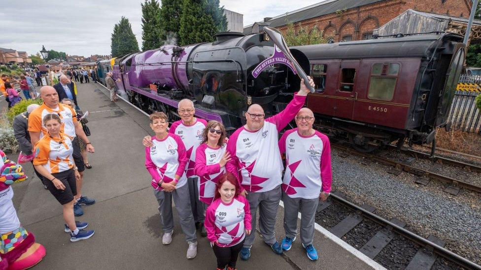 Pauline Smith, Nicholas Birkmyre, Elaine Ball, Jess Benyon, Steven Walker and Richard Riley take part in The Queen's Baton Relay as it visits Bridgnorth as part of the Birmingham 2022