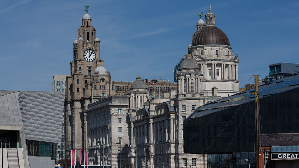 The 'Three Graces, the Royal Liver Building (L), the Cunard Building (C) and the Port of Liverpool building (R) in Liverpool