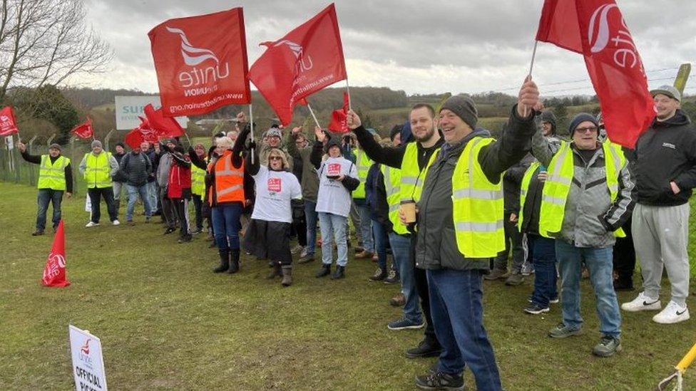 A large group of people waving flags on a picket line