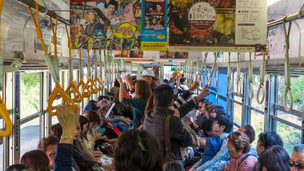 File photo of a crowded metro train car in Japan