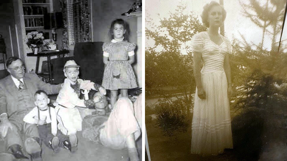 On the left: Sepia photo of young Harper Lee in short brown wavy hair, in cream white lacey dress with trees behind her.
On the right: Black and white photo of Harper Lee's grandfather in a suit sitting on the floor with his grandchildren. Including Ed Lee with a hat in white shirt and trousers and Molly standing up in a checked dress with her arms behind her back