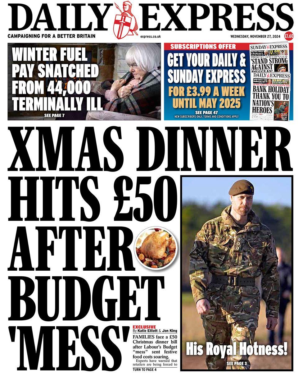 The headline in the Daily Express reads: "Xmas dinner hits £50 after Budget 'mess'"