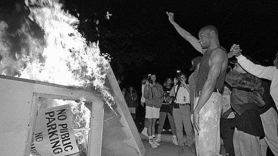 Rioters near Parker Center, LAPD headquarters in downtown Los Angeles