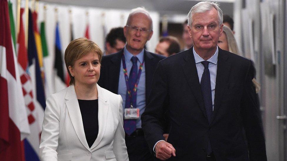 Scotland"s First Minister Nicola Sturgeon arrives for a meeting with European Union"s chief Brexit negotiator Michel Barnier