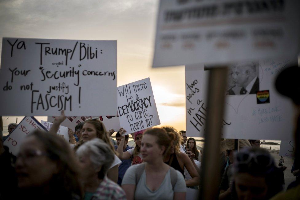 People protest against Donald Trump's visit to Israel in Tel Aviv, 22 May