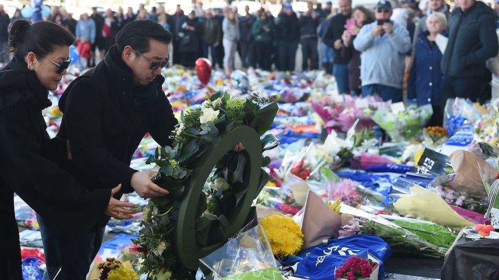 Aiyawatt Srivaddhanaprabha and the club owner's wife Aimon Srivaddhanaprabha lay a wreath at the tributes to the victims of the crash at Leicester City Football Club's King Power Stadium