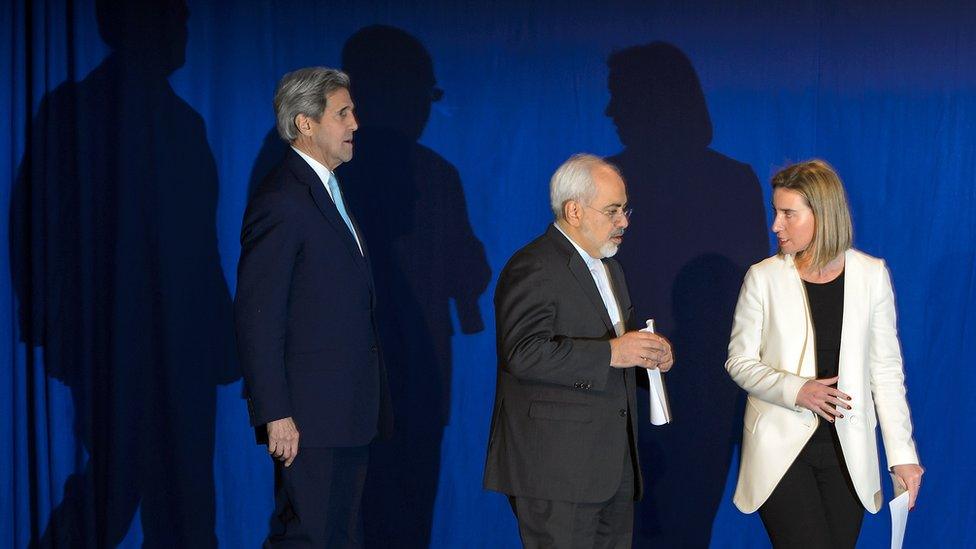 John Kerry, Mohammad Javad Zarif and Federica Mogherini on stage after the announcement of a deal of the Iran nuclear programme