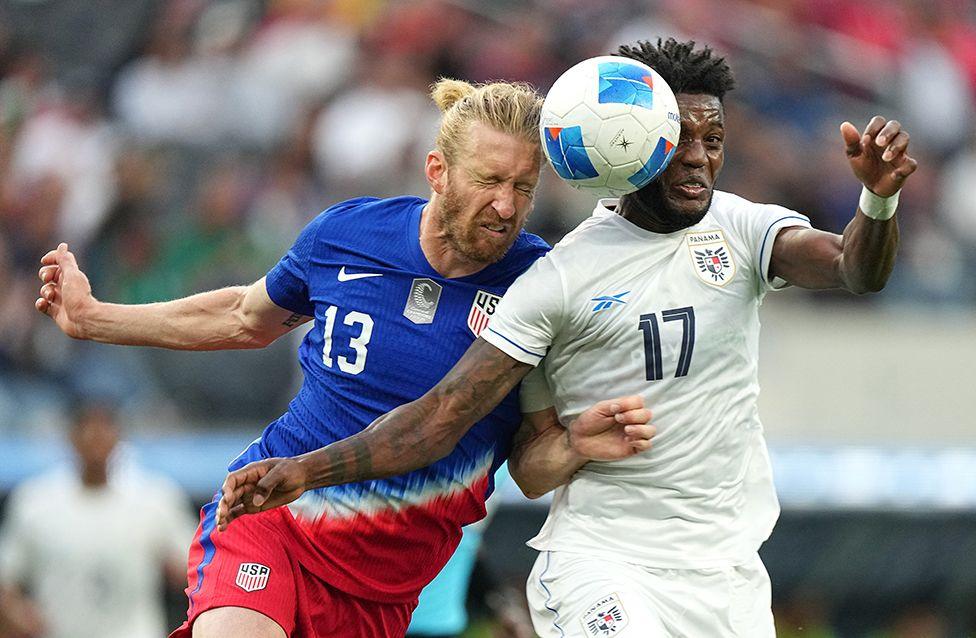 Tim Ream of the United States and Jose Fajardo of Panama battle for the ball during the second half of the Nations League semi-final match at SoFi Stadium on 20 March in Inglewood, California.