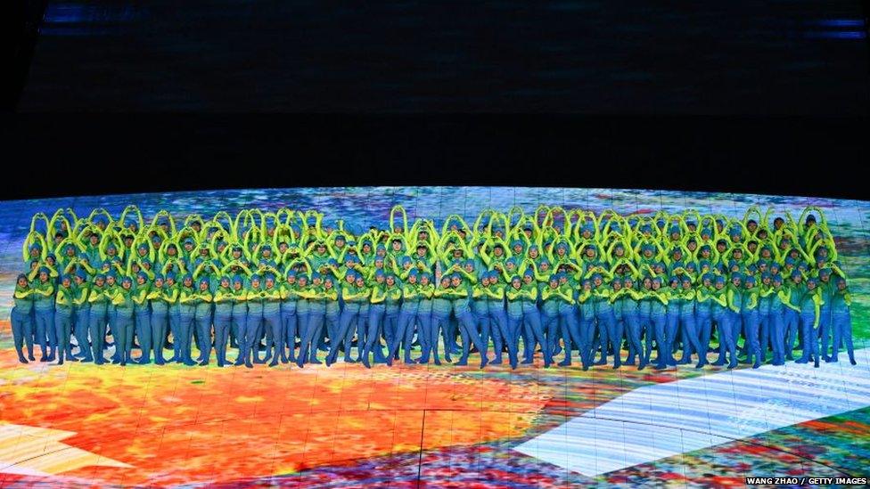 Performers in Ukrainian colours at Beijing Paralympics closing ceremony