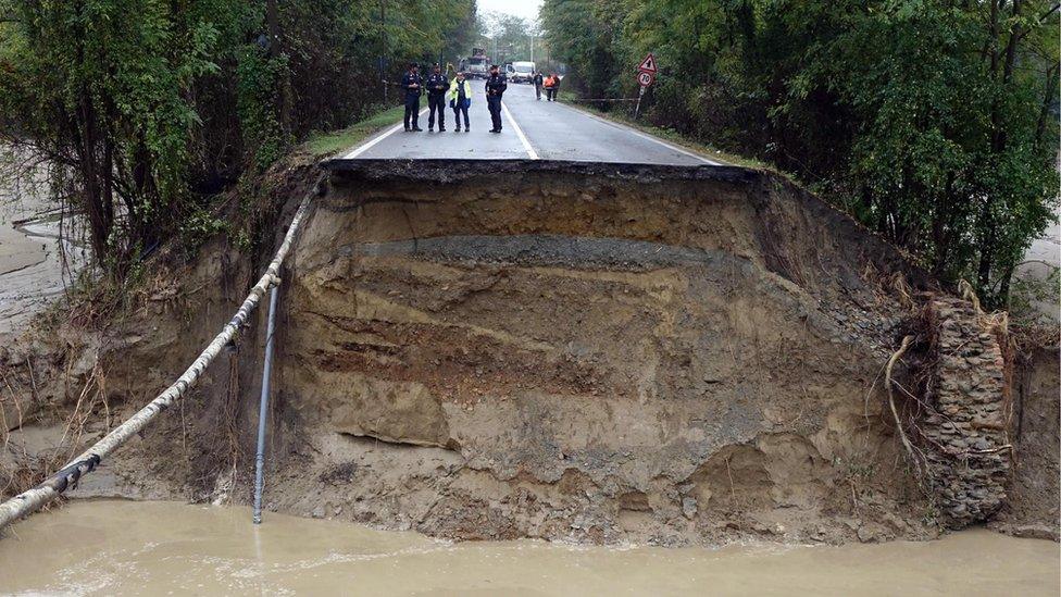 The collapsed road in the Alessandria area in Capriata d'Orba, Italy, 22 October 2019