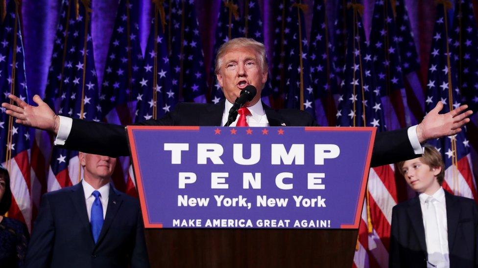 Republican president-elect Donald Trump delivers his acceptance speech during his election night rally in New York on 9 November 2016,