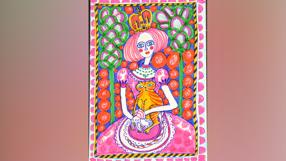 Artist Grayson Perry's colourful sketch of a queen holding an orange stripy cat. She has a crown on her head and red cheeks. 