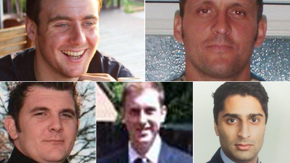 The killed crew (clockwise from top left): Capt Thomas Clarke, WO2 Spencer Faulkner, Flt Lt Rakesh Chauhan, Cpl James Walters, and L/Cpl Oliver Thomas