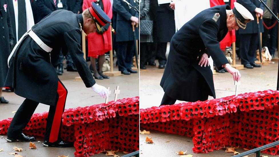 Prince Harry and Prince Philip lay crosses at Westminster Abbey Field of Remembrance