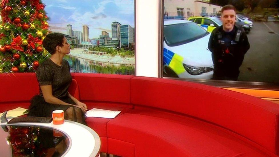 PC Jamie Aston in Bangor and the BBC's Naga Munchetty in the studio