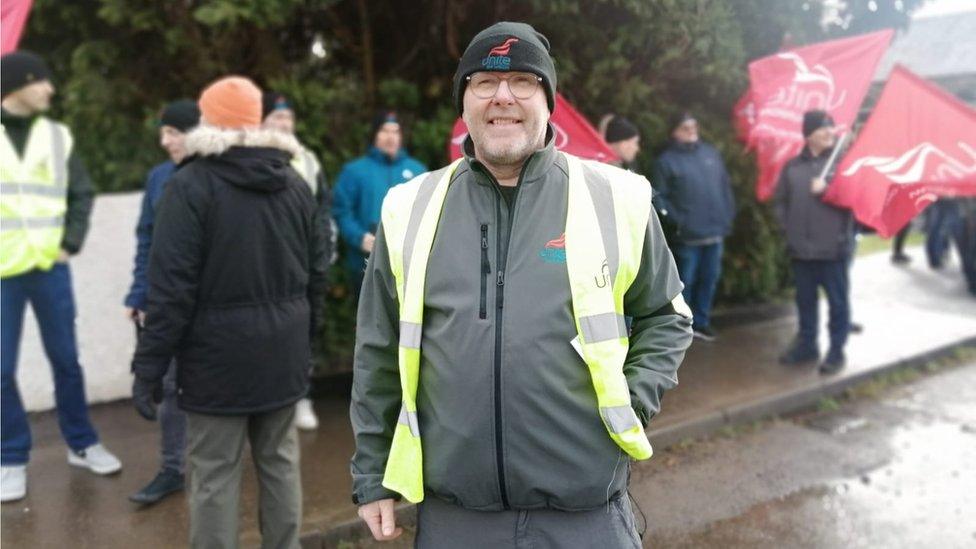 Gary Hamilton wearing a high-vis jacket on the picket line