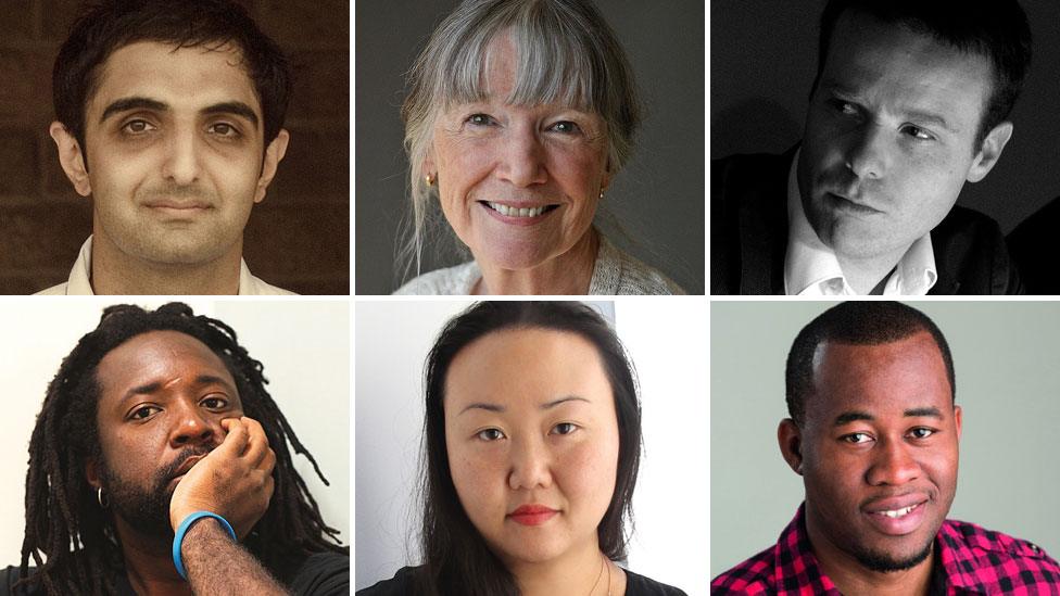 Man Booker 2015 authors: (clockwise from top left) Sunjeev Sahota, Anne Tyler, Tom McCarthy, Chigozie Obioma, Hanya Yanagihara, Marlon James