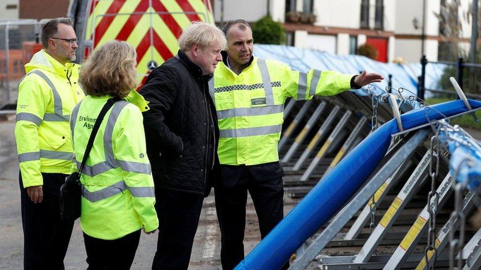 Prime Minister Boris Johnson visits Bewdley in Worcestershire to see recovery efforts following recent flooding in the Severn valley and across the UK