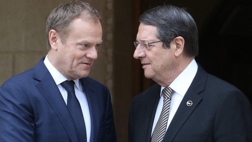 Cypriot President Nicos Anastasiades and European Council President Donald Tusk shake hands before a meeting at the presidential palace in Nicosia (15 March)