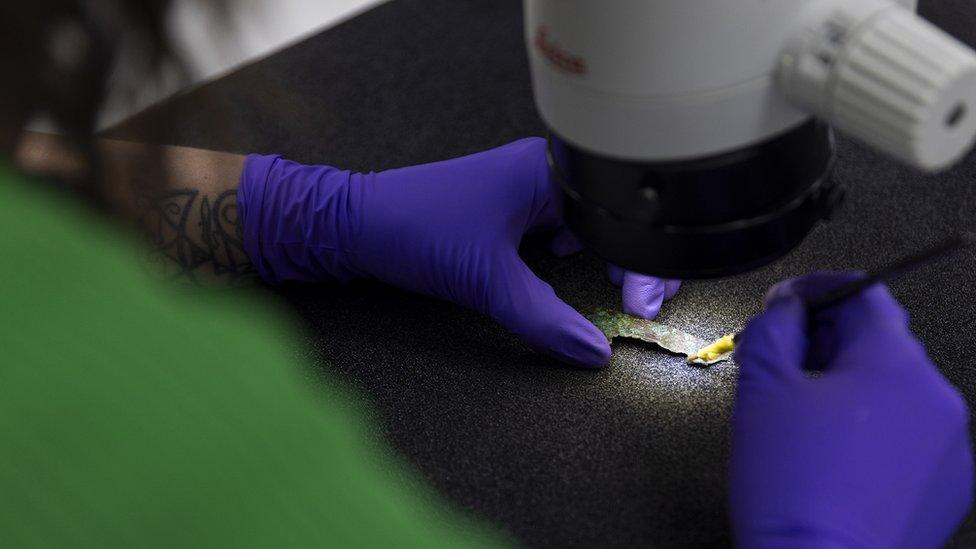 image shows museum worker wearing protective gloves examining a small piece of armour under a bright directional light