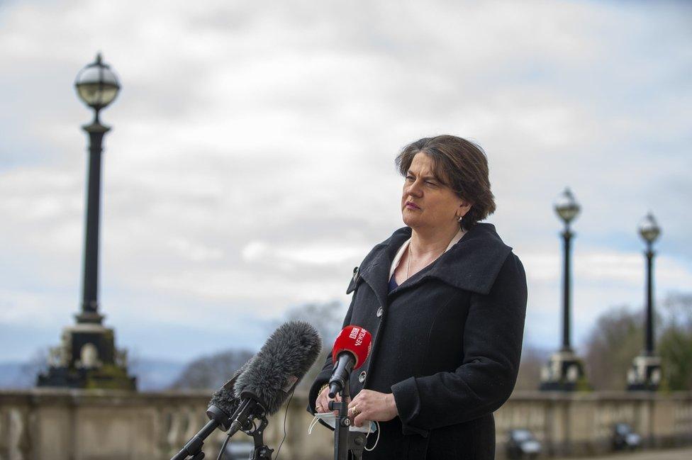 Arlene Foster speaking to the media at Stormont's Parliament Buildings