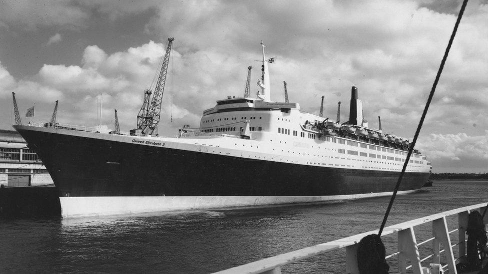 The QE2 moored alongside Southampton's Ocean terminal 1969