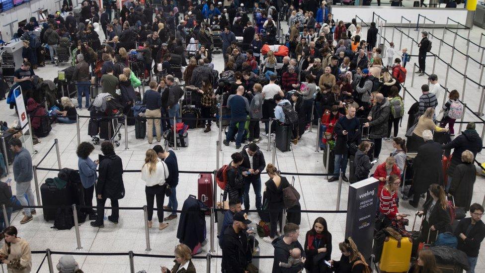 Passengers at Gatwick during drone disruption