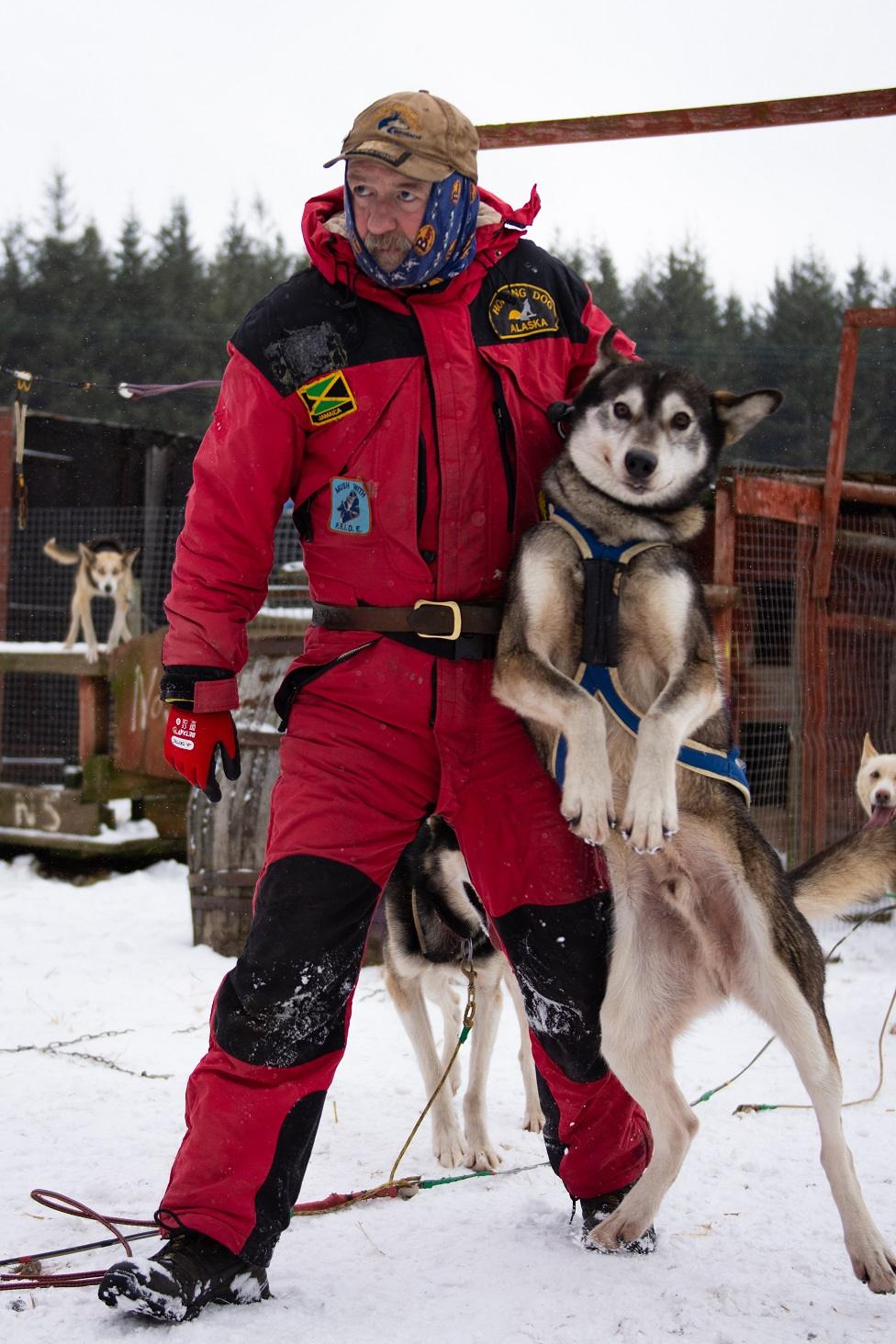 Alan Stewart holds an Alaskan husky at the Cairngorm Sleddog Centre