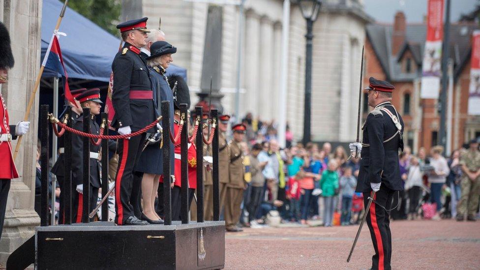 Morfudd Ann Meredith, the Lord Lieutenant of South Glamorgan, took the salute with Deputy Commander 160th Infantry Brigade and Headquarters Wales, Colonel Lance Patterson