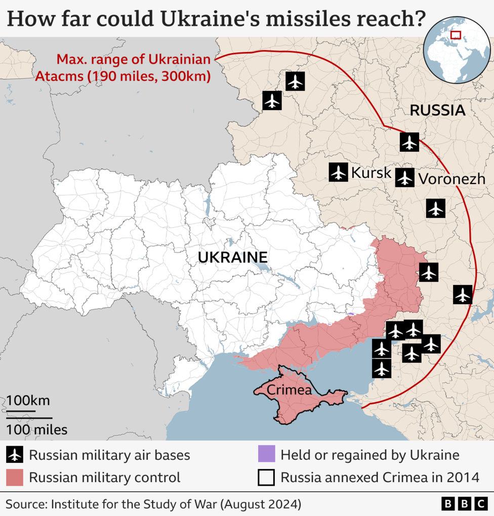 Map showing Russian military control in Ukraine and maximum range of US-made Atacms missiles provided to Ukraine