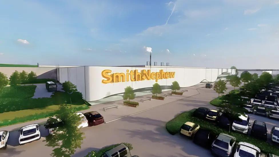 An artist's impression of the new site in Melton, with a large Smith & Nephew logo on the side of the building.