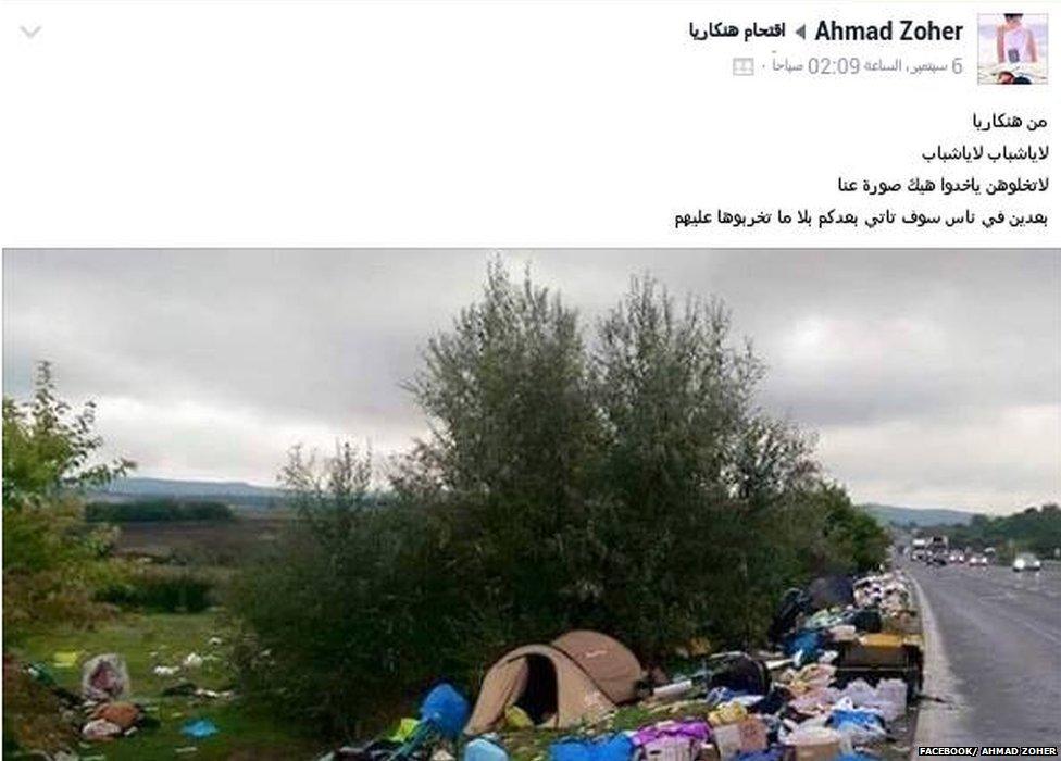 Facebook post from Ahmed Zoher with a picture of rubbish and a tent on a Hungarian roadside.