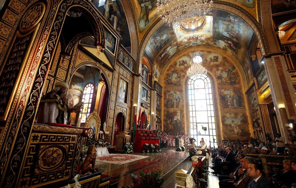 Russian Ambassador to Egypt Sergei Kerbachenko, Coptic Christian priests, and members of Egypt"s government attend a mass for victims on the first anniversary of the Russian MetroJet plane crash, at the Cathedral of the Heavenly "Al Samaaeen" in the Red Sea resort of Sharm el-Sheikh, Egypt October 31, 2016.