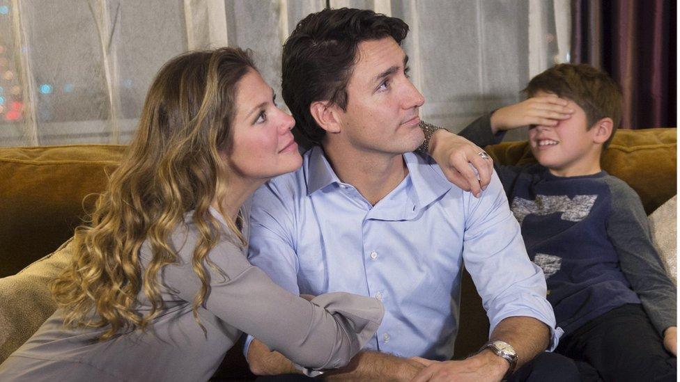 Justin Trudeau with his wife and son on election night