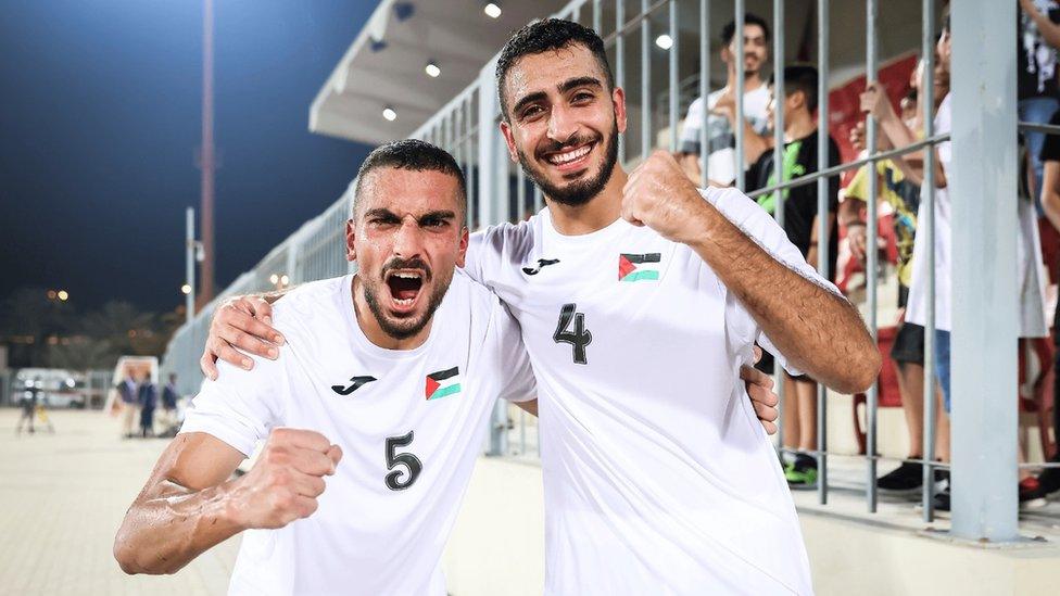 Ibrahim Abuimeir, 21, described by his trainers as one of the star defenders of the Palestinian team (left)