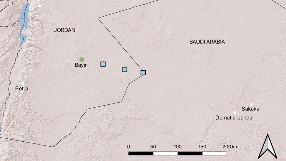 A map shows the location of the three camps researchers say they have identified