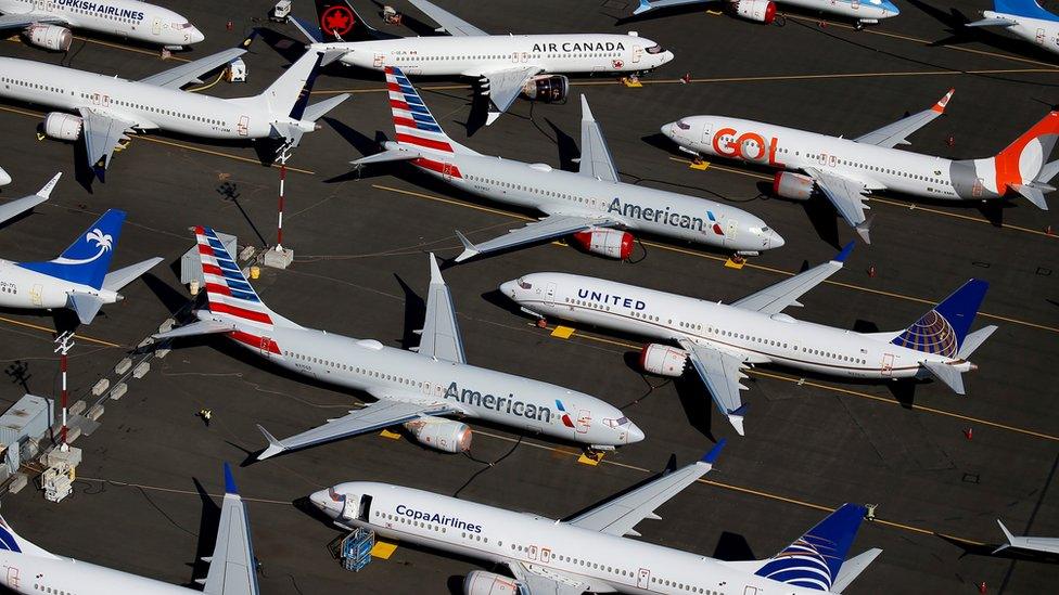 Grounded Boeing 737 MAX aircraft are seen parked in an aerial photo at Boeing Field in Seattle, Washington, U.S. July 1, 2019.