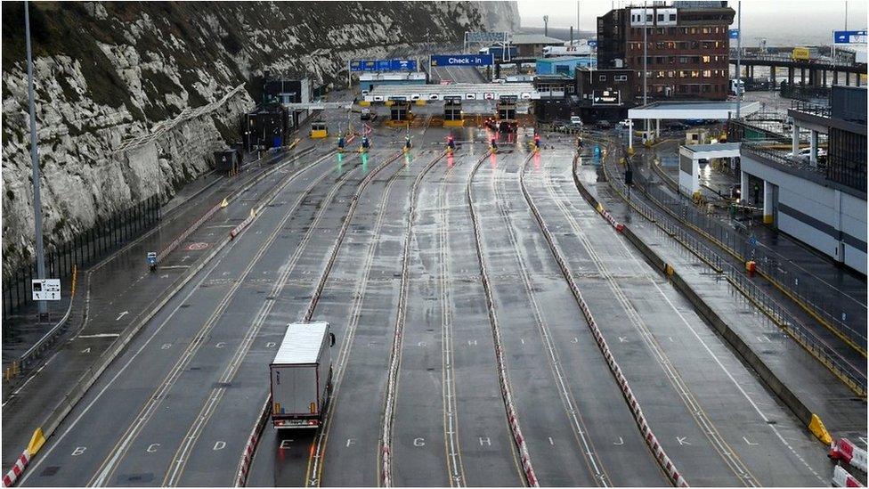 Lorry driving towards border control at Dover on 4 January