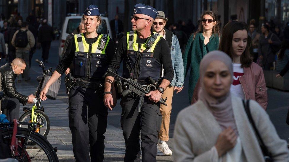 Police patrols on Meir shopping street in Antwerp, Belgium on 23 March 2017