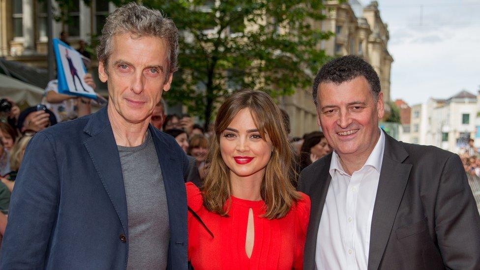 Steven Moffat (right) Peter Capaldi (left) and Jenna Coleman (centre)