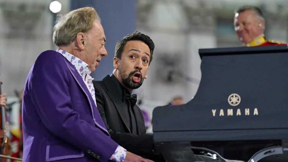 Sir Andrew Lloyd Webber and Lin-Manuel Miranda on stage at the Platinum Party at the Palace