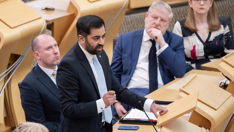 First Minister Humza Yousaf speaking during First Minster's Questions (FMQ's) at the Scottish Parliament in Holyrood, Edinburgh,