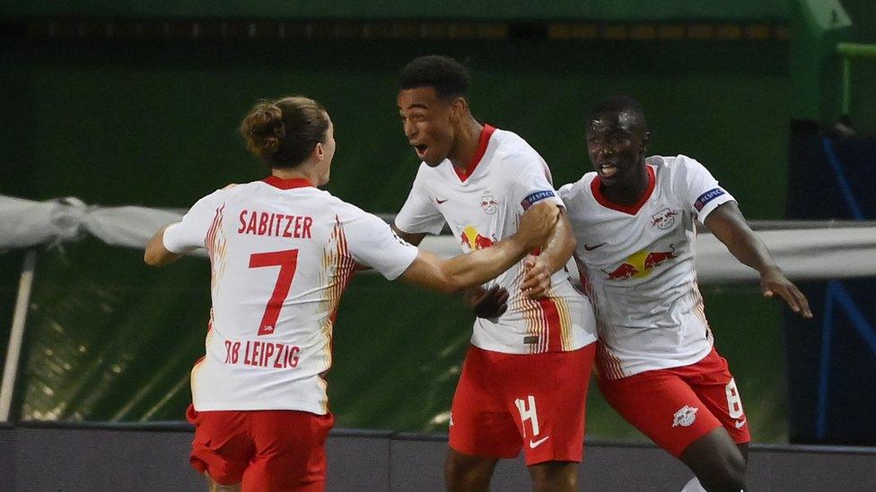 RB Leipzig players celebrate.