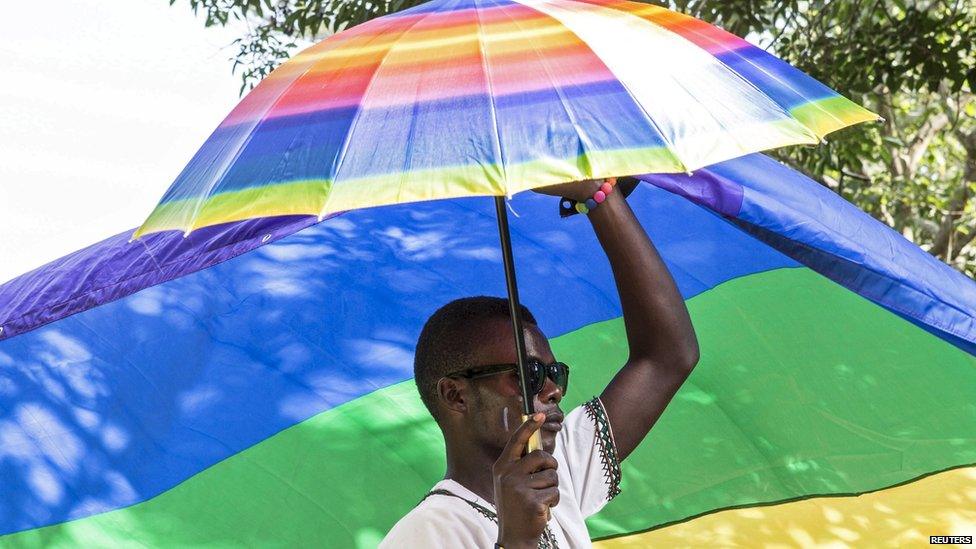 A man at a gay pride rally in Uganda