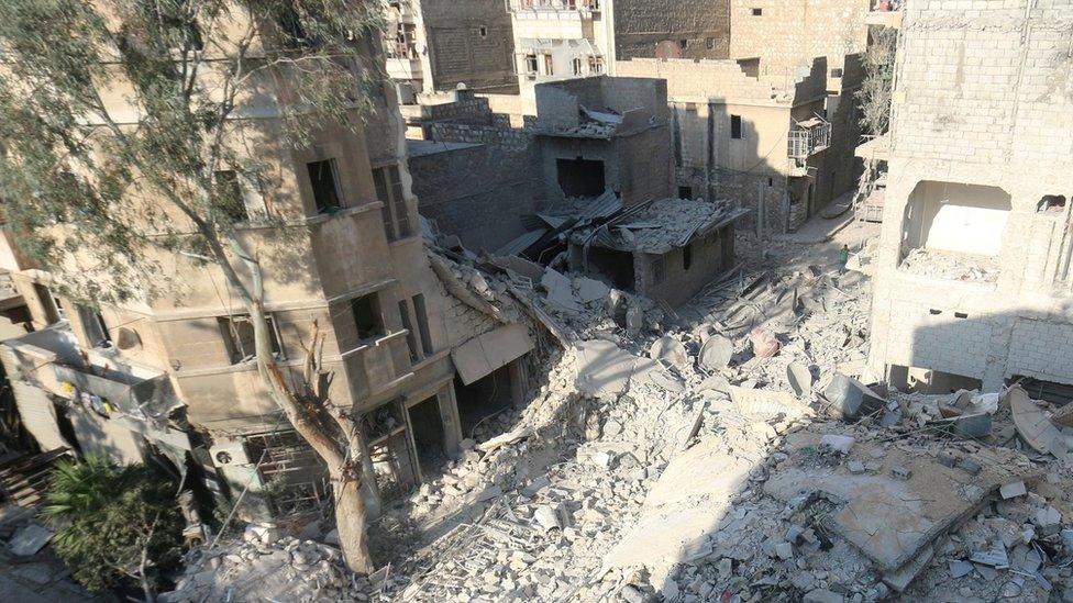 Site of air strike in rebel-held Qaterji district of Aleppo, Syria, where five-year-old Omran Daqneesh was rescued (18 August 2016)