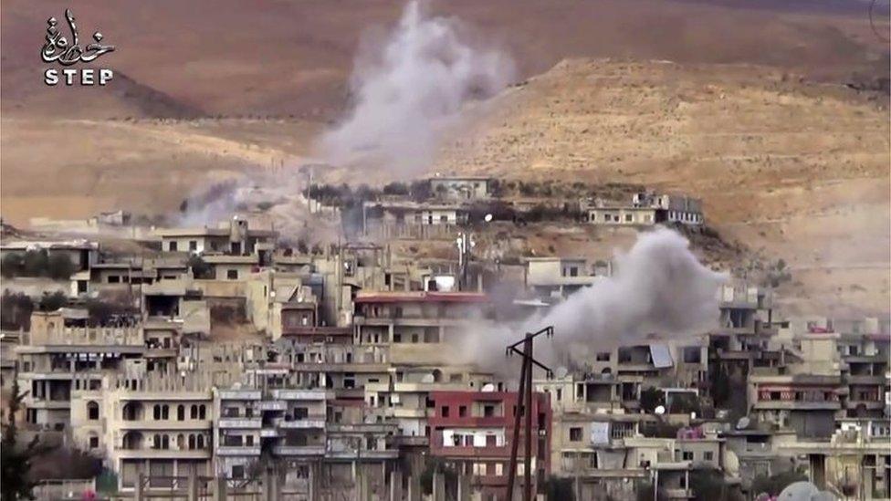 Smoke rising above Wadi Barada - still from Syrian opposition Step news agency (03/01/17)