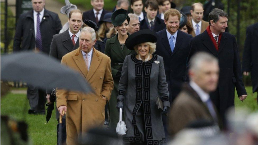 Prince William, Charles, Duke of Cornwall, Camilla, Kate, the Duchess of Cambridge, Prince Harry