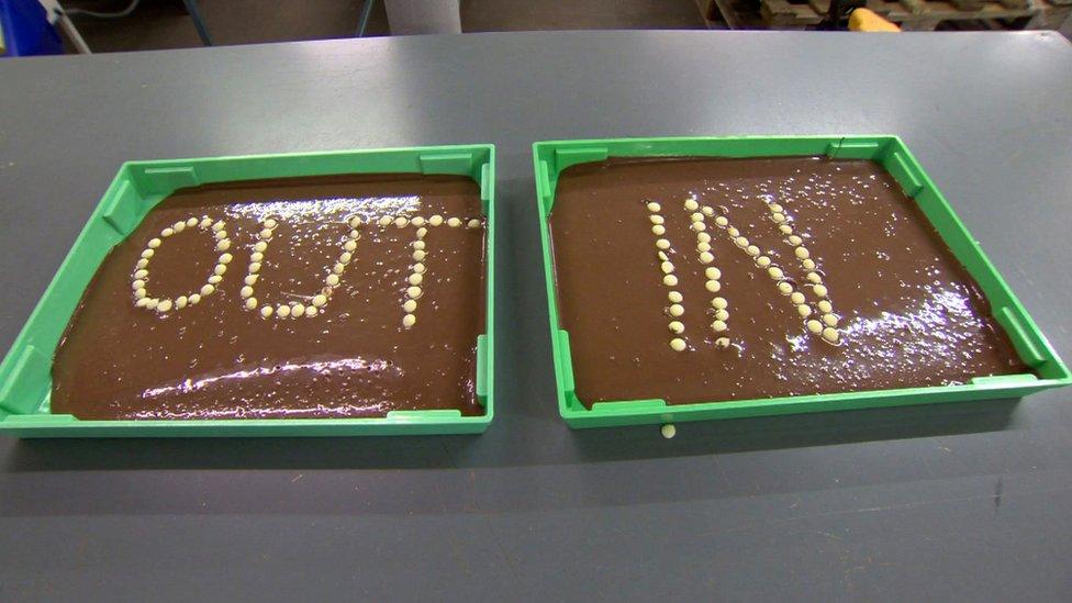 Two trays of chocolate - one says "out", the other says "in"