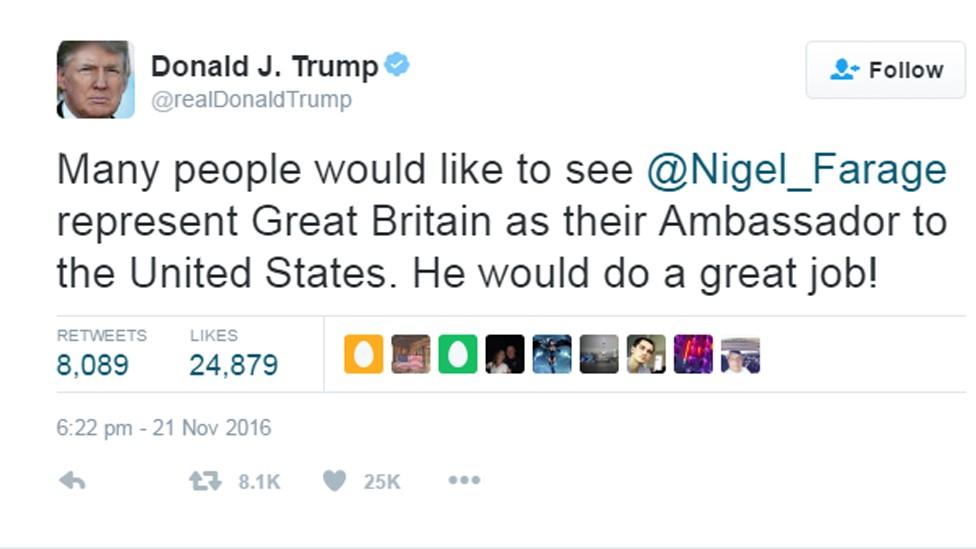 Trump tweet re Farage